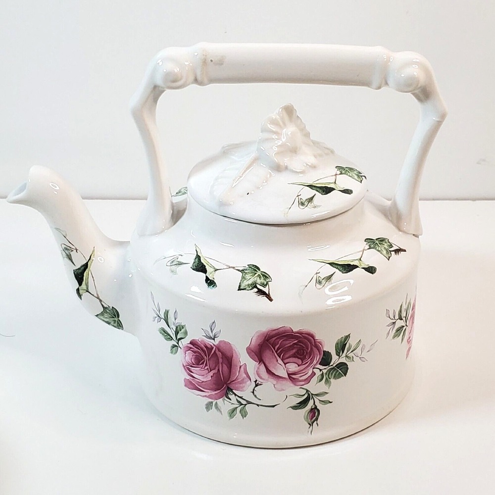 Vintage Arthur Wood England Floral Print Pink Roses Green Ivy White Teapot 6426